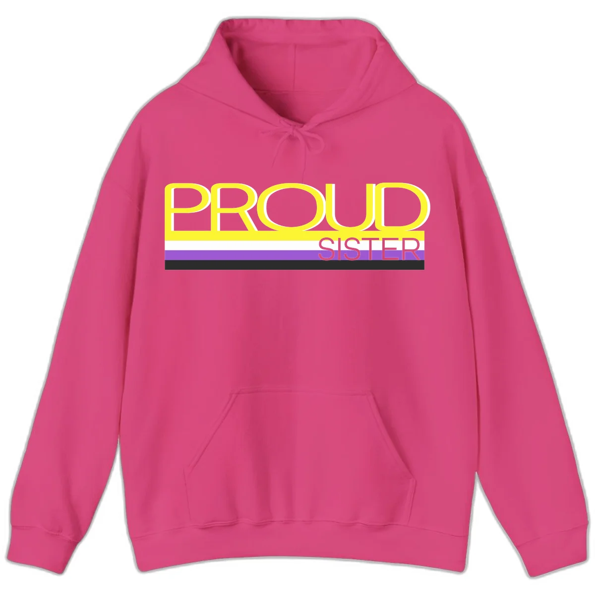 Yellow and gray text reading 'PROUD SISTER' with white, purple, and black horizontal pride flag stripes in Heliconia