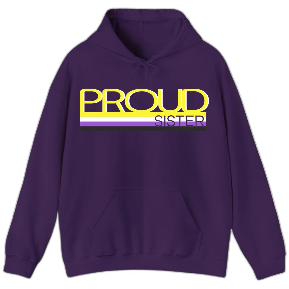 Yellow and gray text reading 'PROUD SISTER' with white, purple, and black horizontal pride flag stripes in Purple