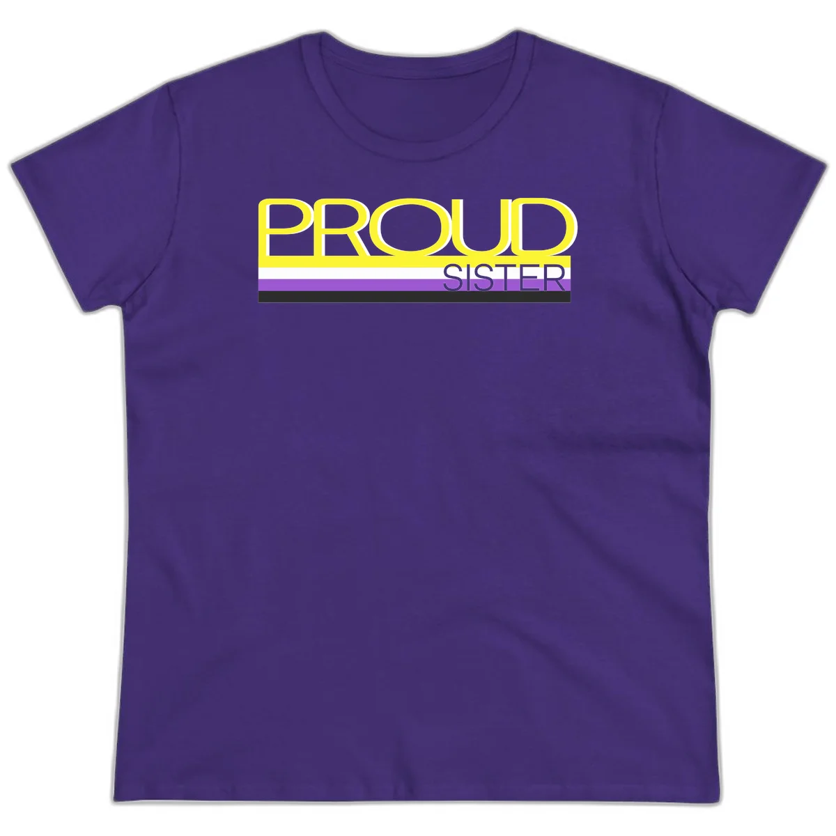 Yellow and gray text reading 'PROUD SISTER' with white, purple, and black horizontal pride flag stripes in Purple