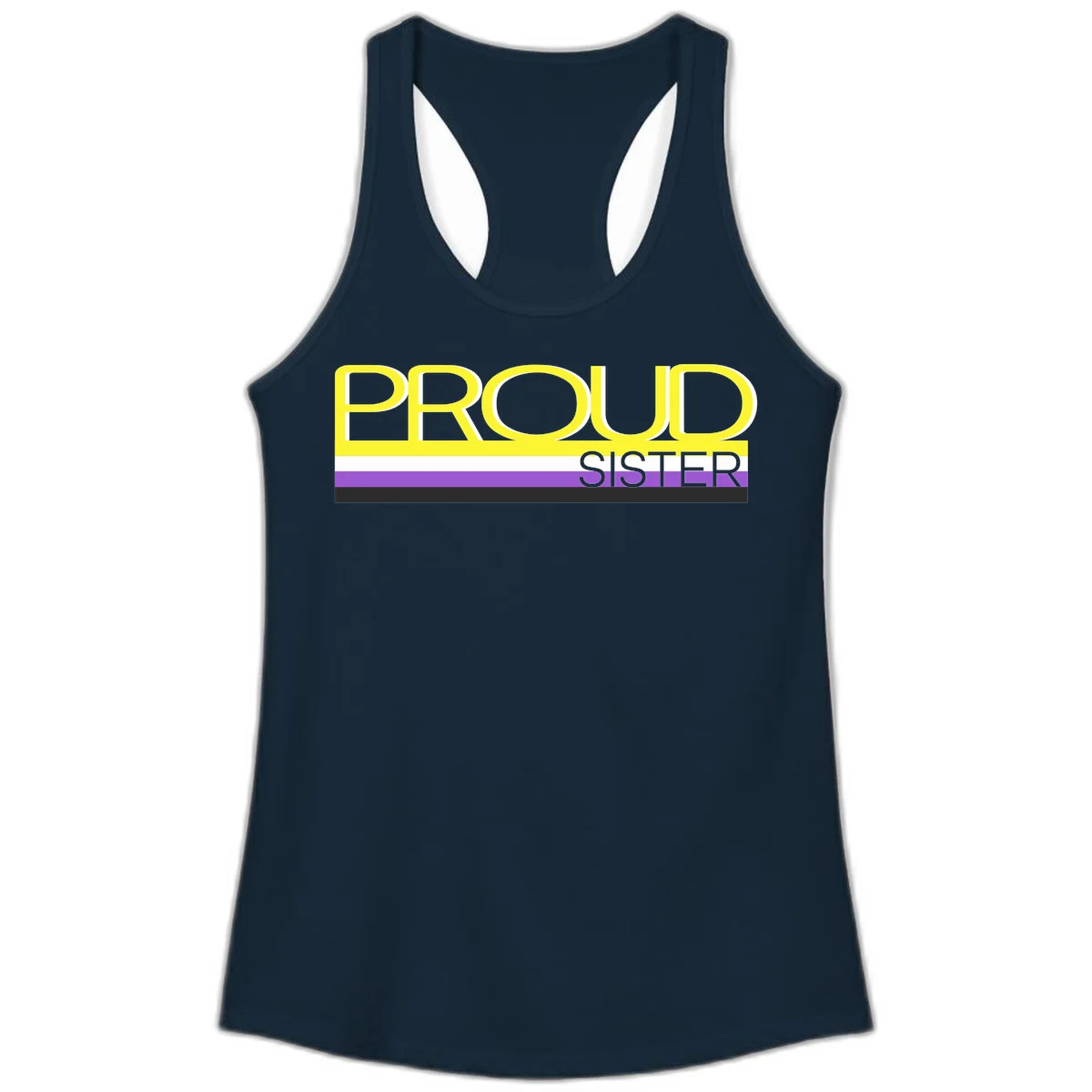 Yellow and gray text reading 'PROUD SISTER' with white, purple, and black horizontal pride flag stripes in Solid Midnight Navy