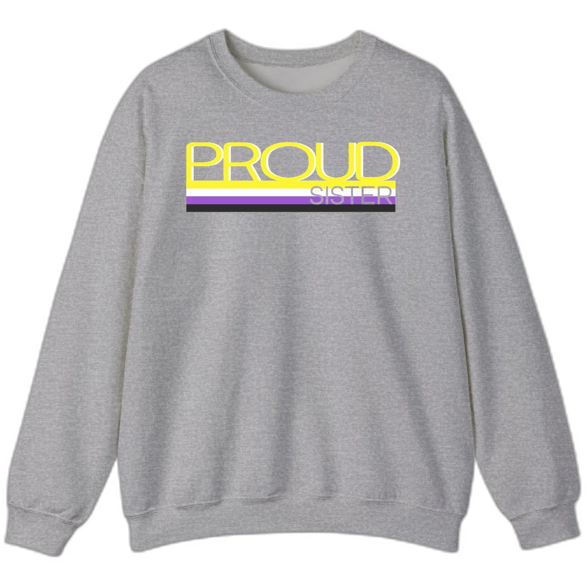 Yellow and gray text reading 'PROUD SISTER' with white, purple, and black horizontal pride flag stripes in Sport Grey