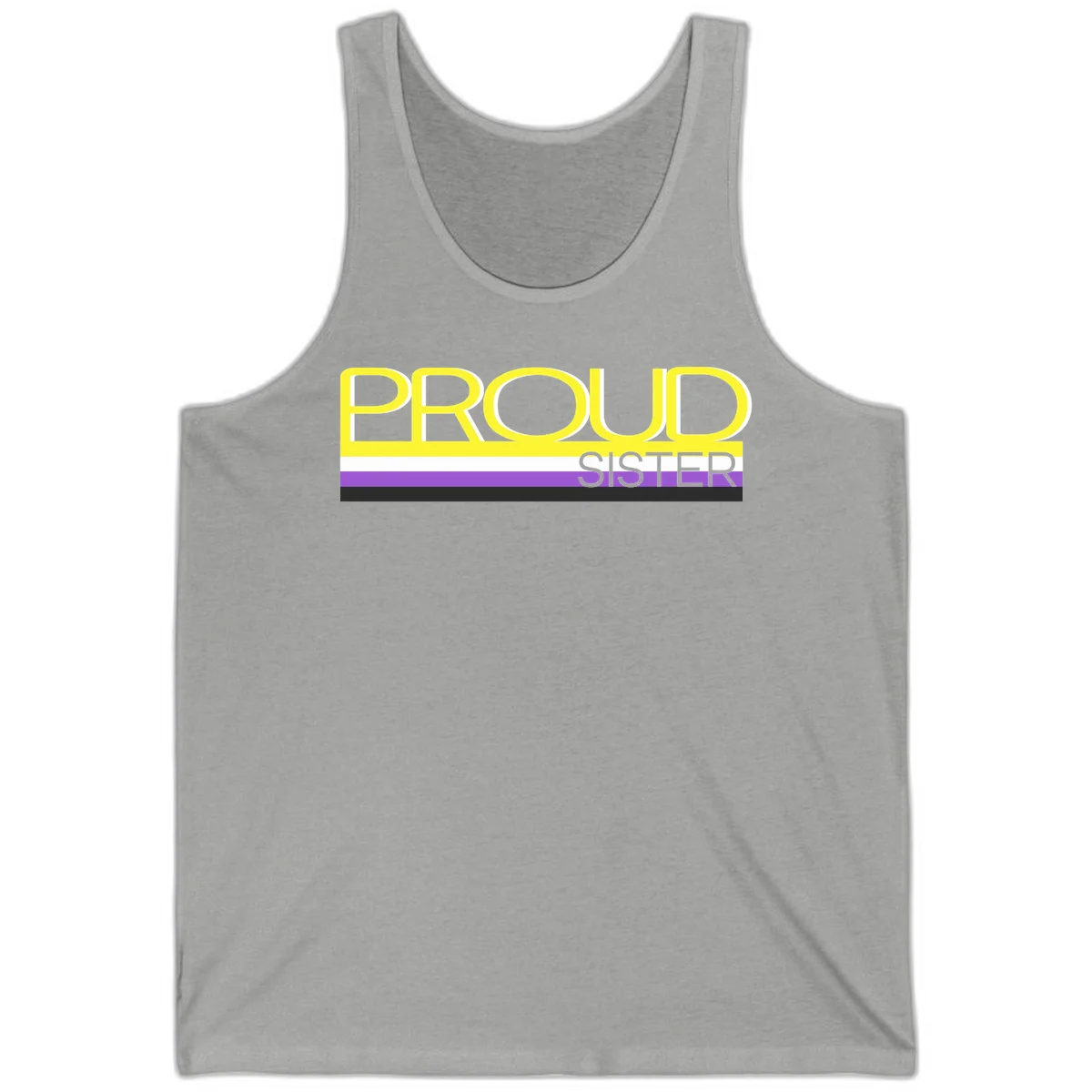 Yellow and gray text reading 'PROUD SISTER' with white, purple, and black horizontal pride flag stripes in Athletic Heather