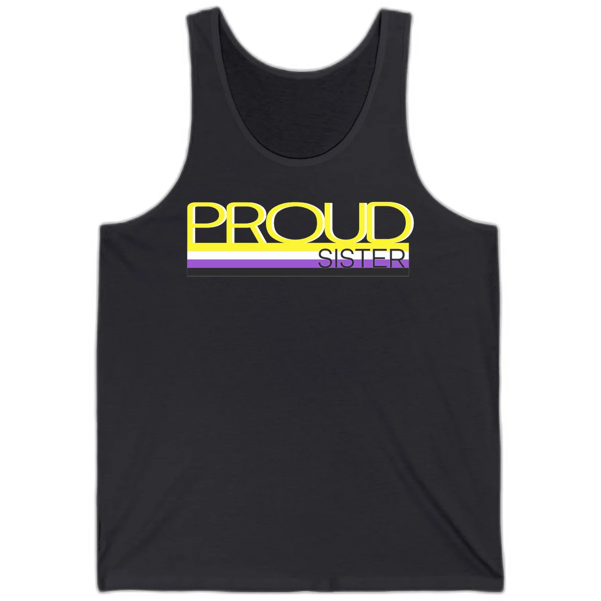 Yellow and gray text reading 'PROUD SISTER' with white, purple, and black horizontal pride flag stripes in Dark Grey