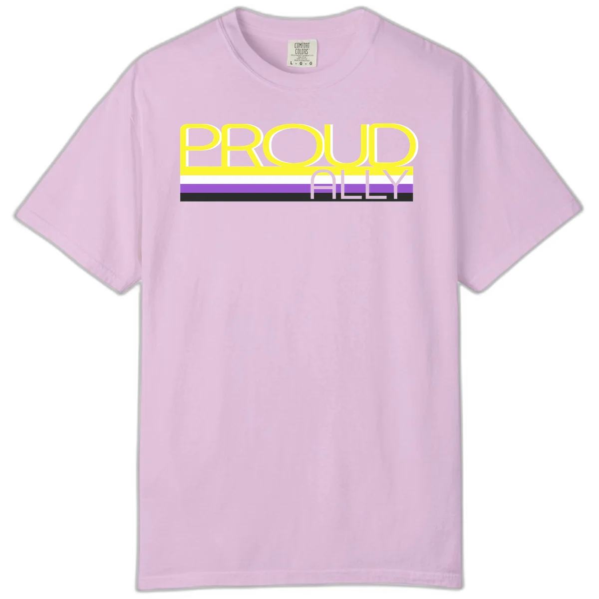 Bold yellow 'PROUD ALLY' text on striped background with purple and white pride flag colors in Orchid