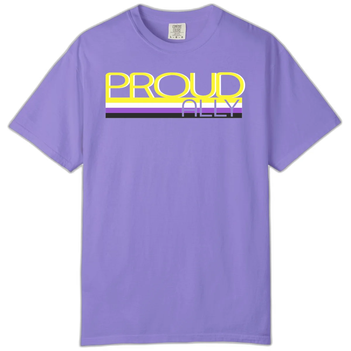 Bold yellow 'PROUD ALLY' text on striped background with purple and white pride flag colors in Violet