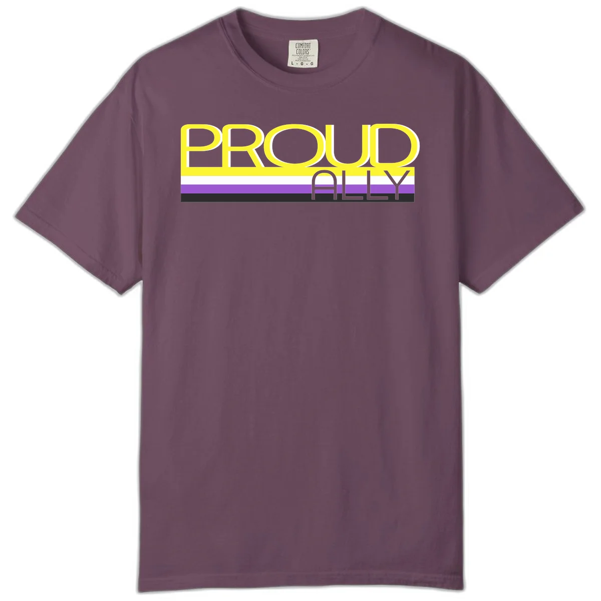 Bold yellow 'PROUD ALLY' text on striped background with purple and white pride flag colors in Berry