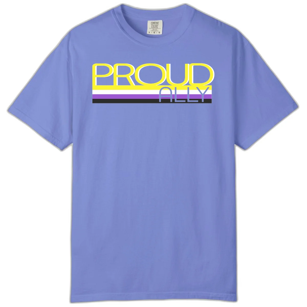 Bold yellow 'PROUD ALLY' text on striped background with purple and white pride flag colors in Flo Blue