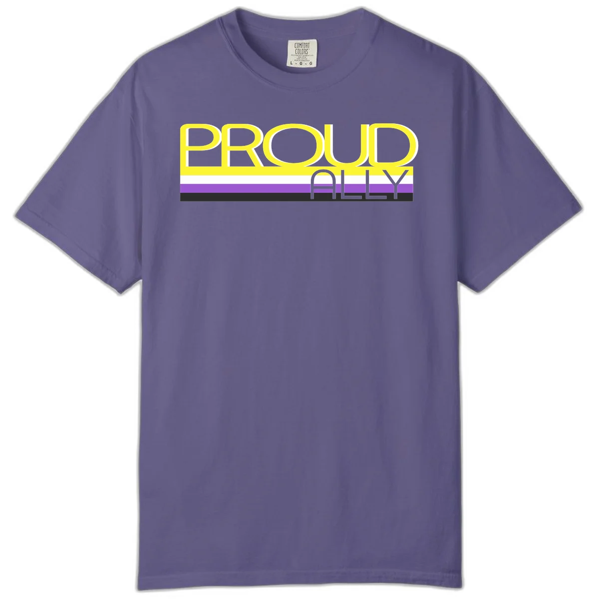 Bold yellow 'PROUD ALLY' text on striped background with purple and white pride flag colors in Grape