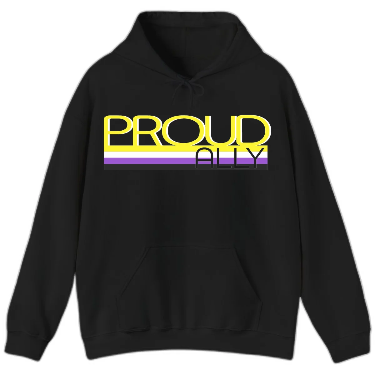 Bold yellow 'PROUD ALLY' text on striped background with purple and white pride flag colors in Black
