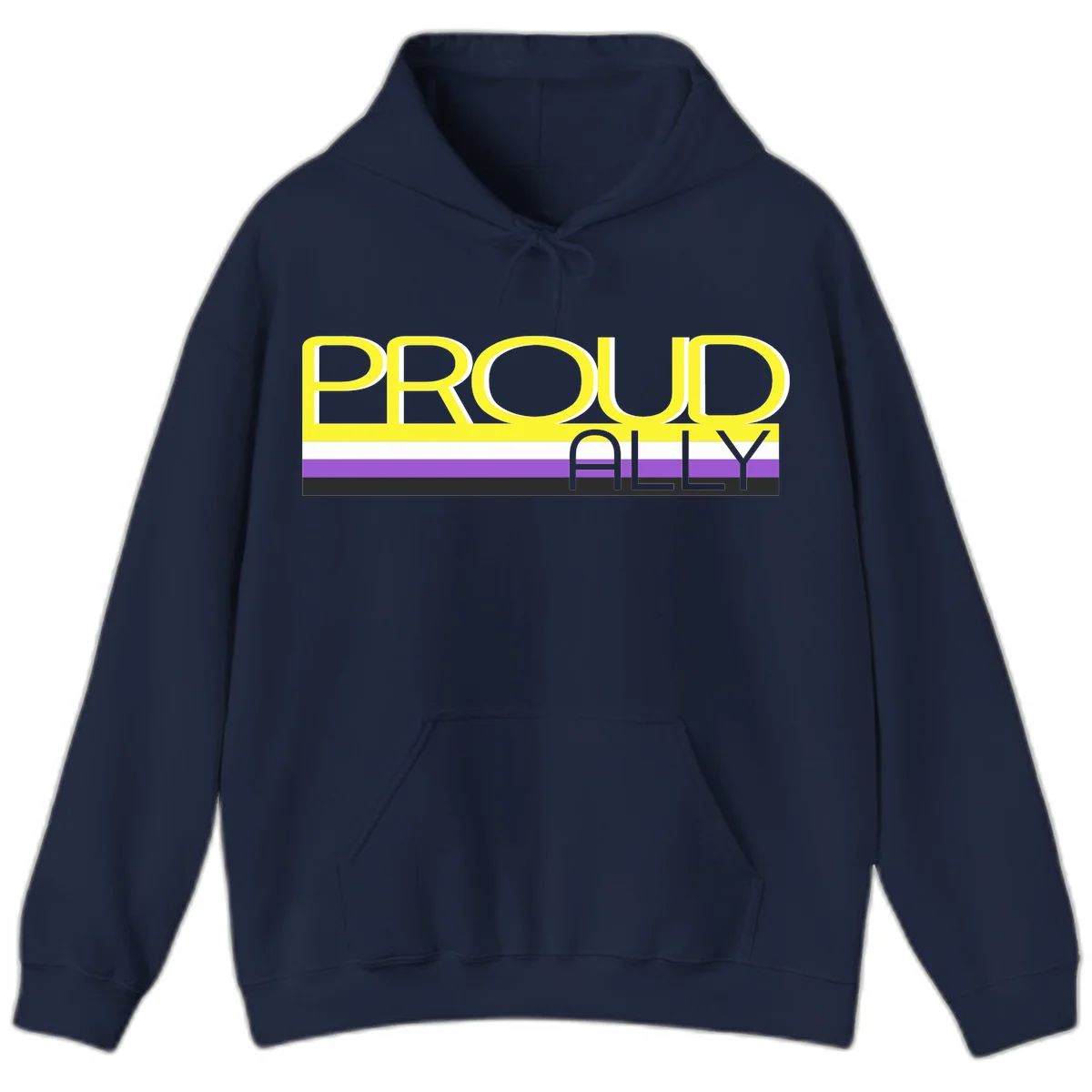 Bold yellow 'PROUD ALLY' text on striped background with purple and white pride flag colors in Navy