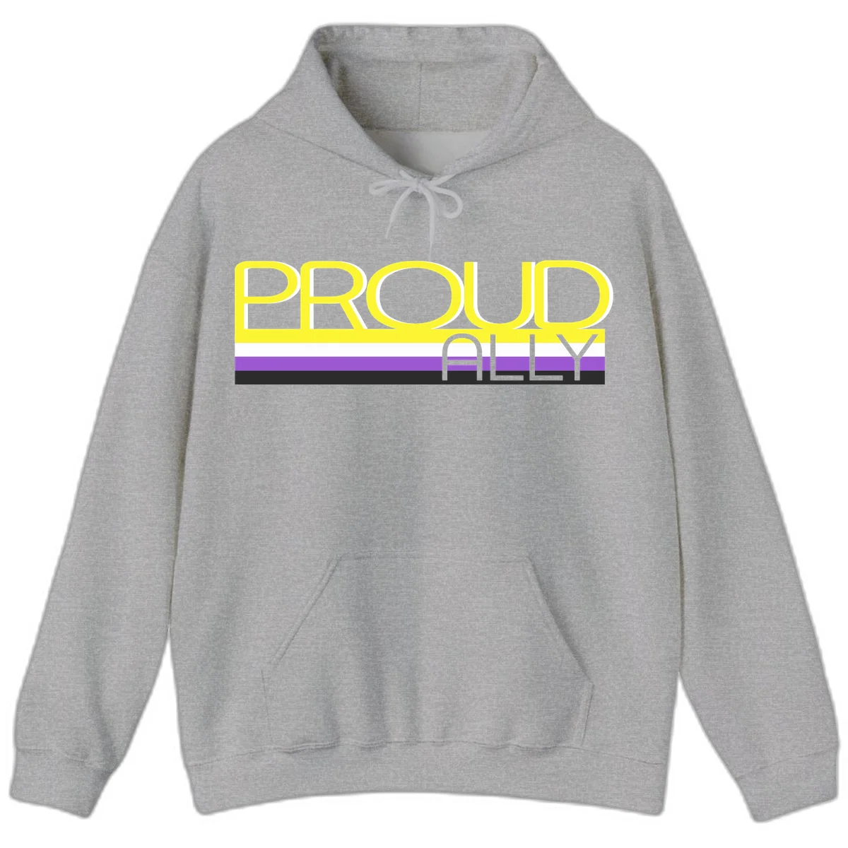 Bold yellow 'PROUD ALLY' text on striped background with purple and white pride flag colors in Sport Grey