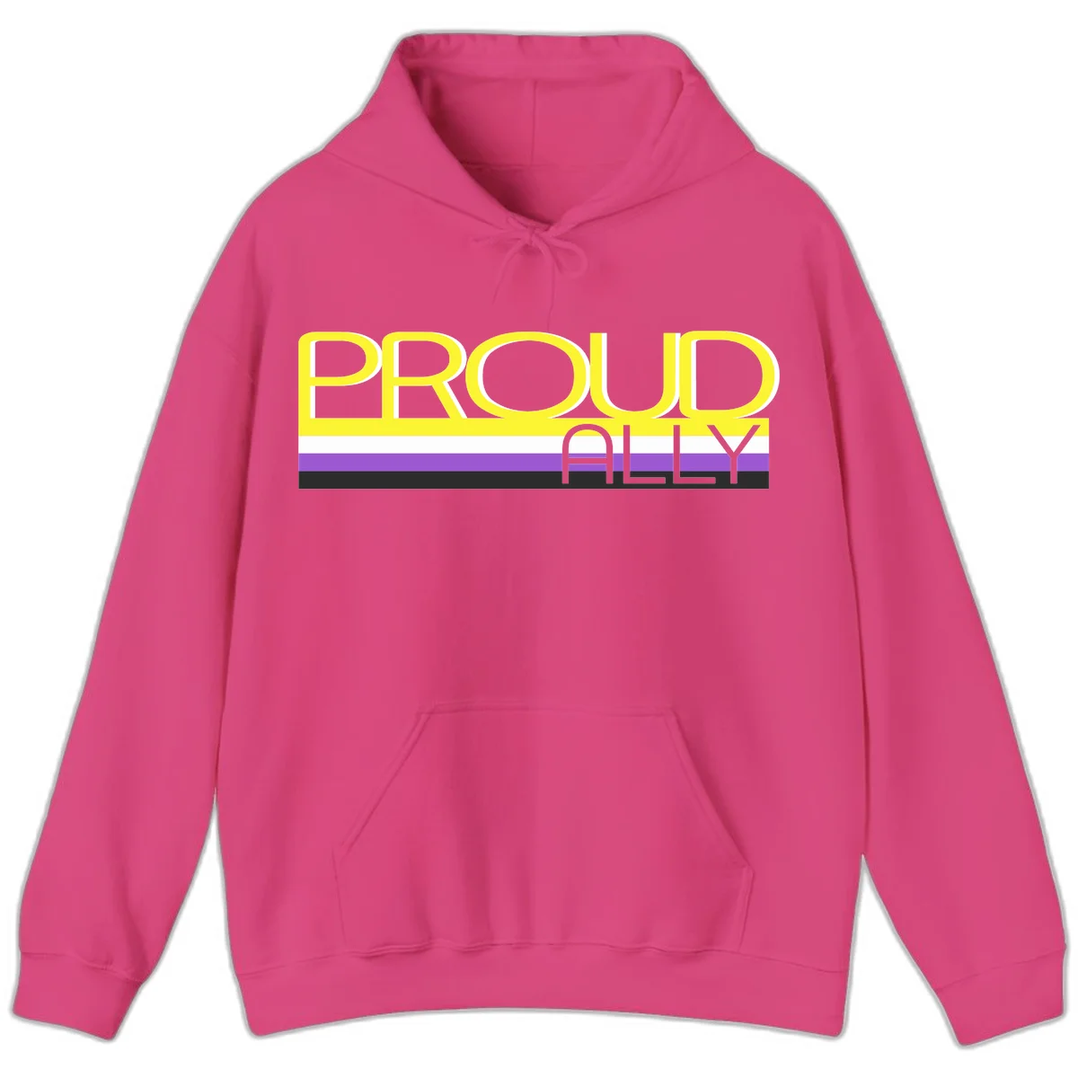 Bold yellow 'PROUD ALLY' text on striped background with purple and white pride flag colors in Heliconia