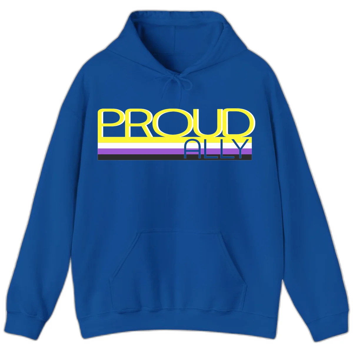 Bold yellow 'PROUD ALLY' text on striped background with purple and white pride flag colors in Royal