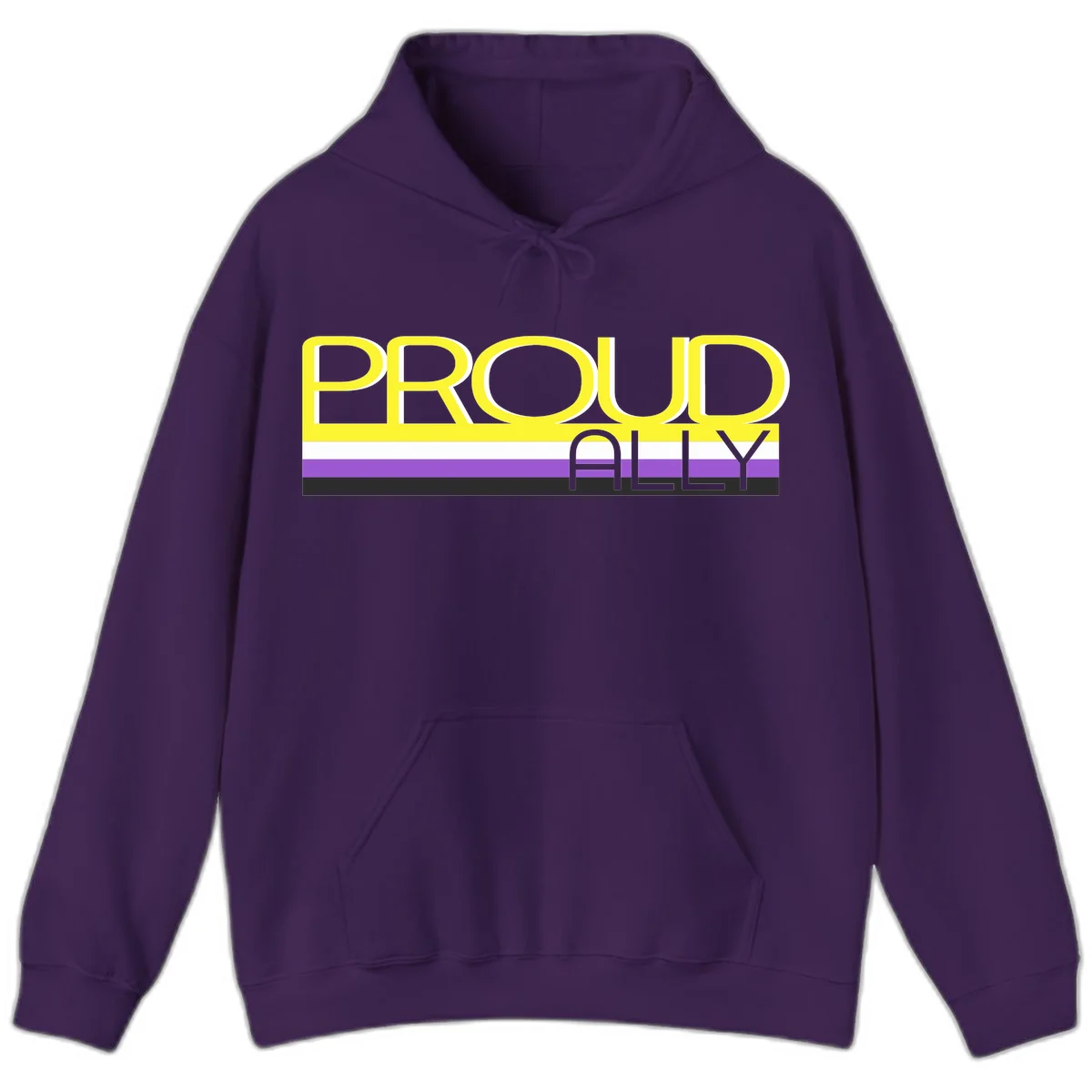 Bold yellow 'PROUD ALLY' text on striped background with purple and white pride flag colors in Purple