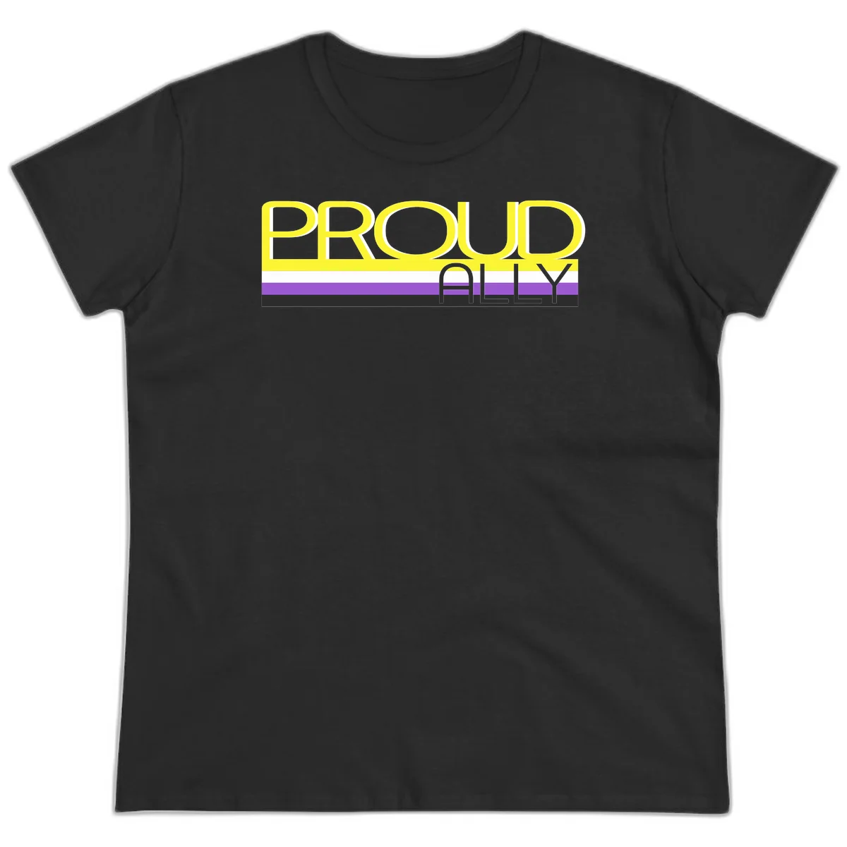 Bold yellow 'PROUD ALLY' text on striped background with purple and white pride flag colors in Black
