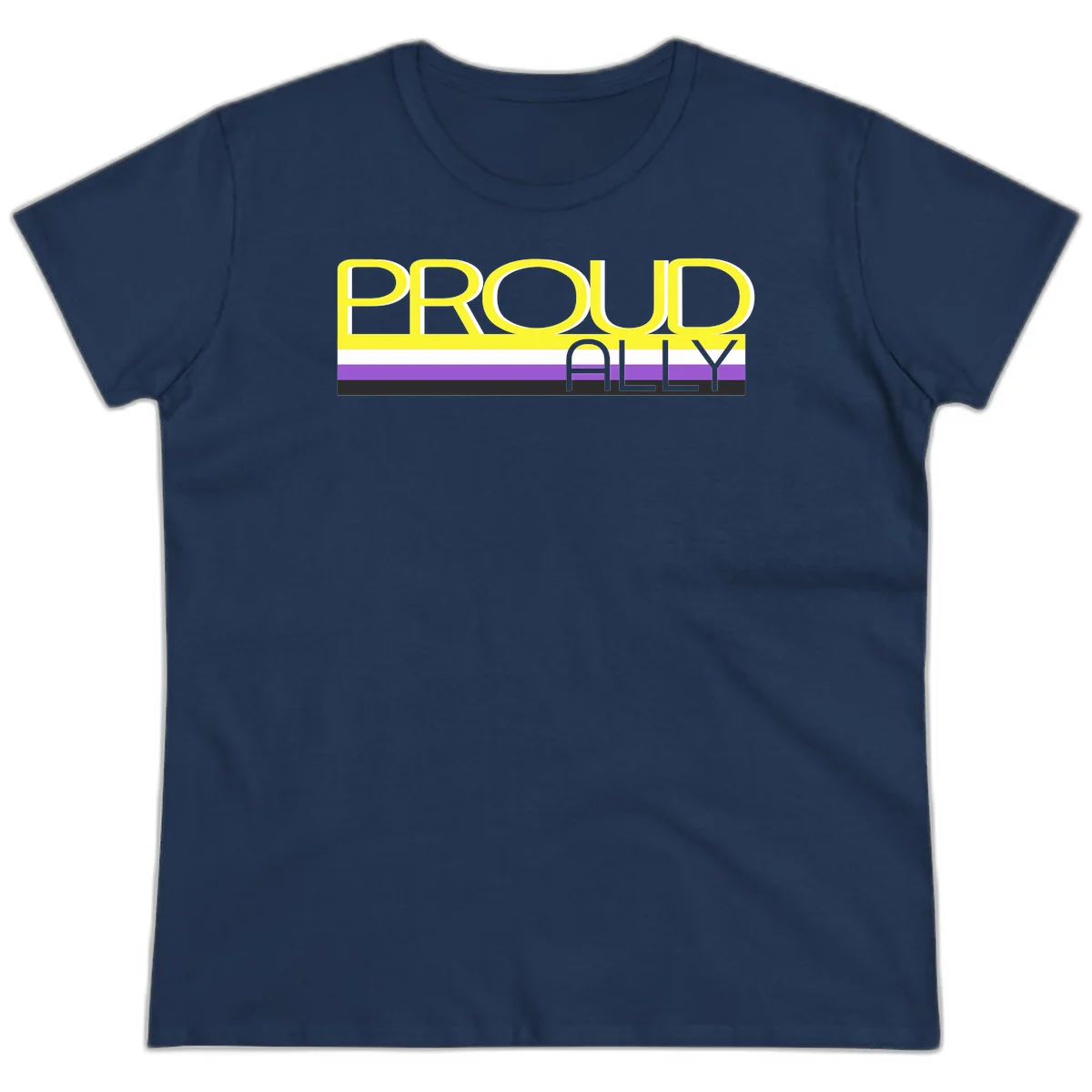 Bold yellow 'PROUD ALLY' text on striped background with purple and white pride flag colors in Navy