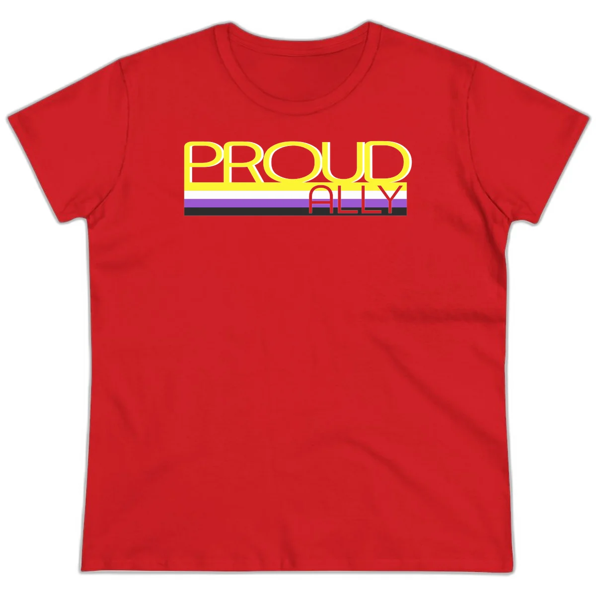 Bold yellow 'PROUD ALLY' text on striped background with purple and white pride flag colors in Red