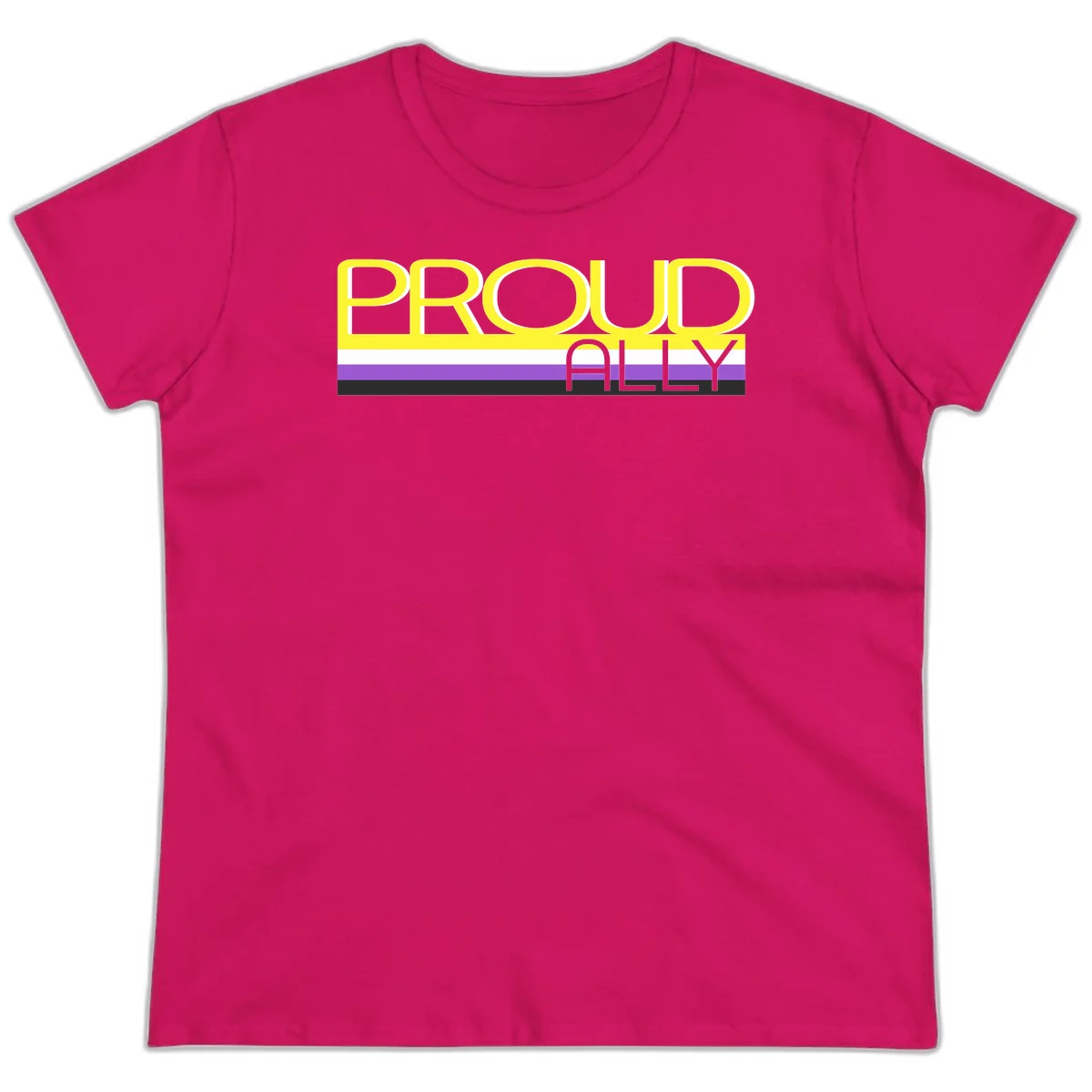 Bold yellow 'PROUD ALLY' text on striped background with purple and white pride flag colors in Heliconia