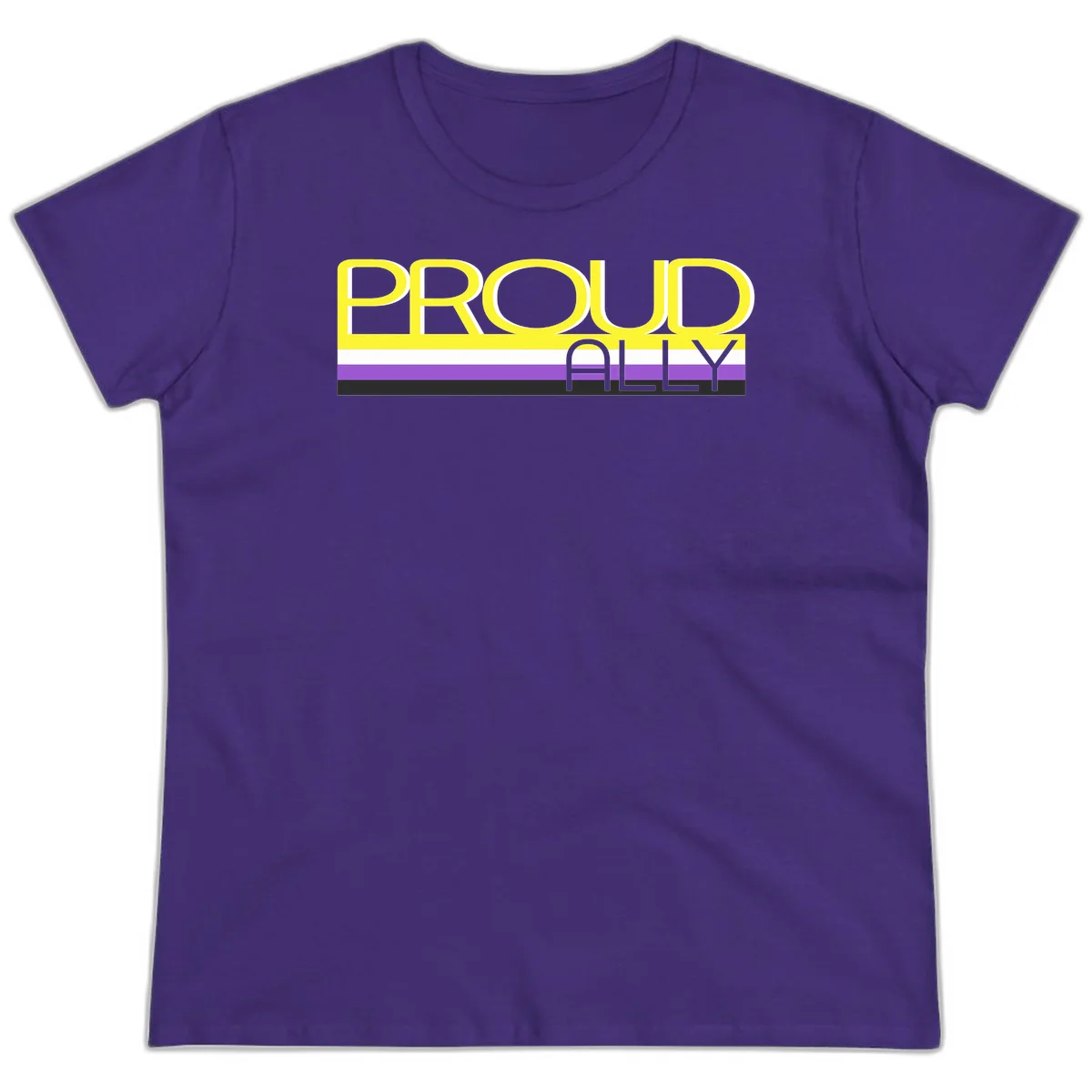 Bold yellow 'PROUD ALLY' text on striped background with purple and white pride flag colors in Purple