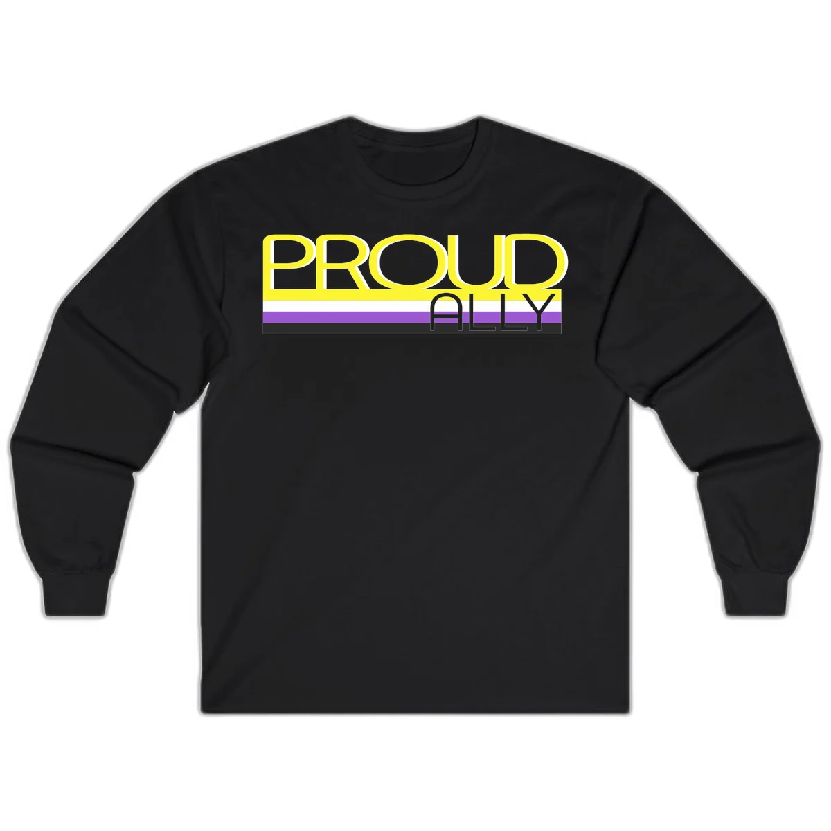 Bold yellow 'PROUD ALLY' text on striped background with purple and white pride flag colors in Black