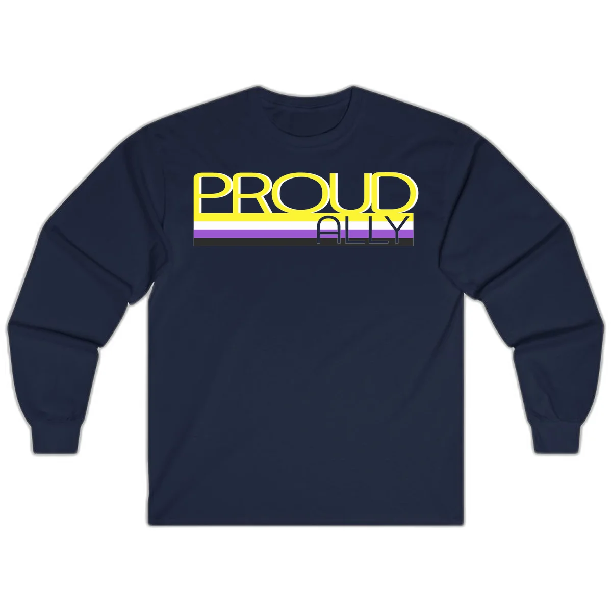 Bold yellow 'PROUD ALLY' text on striped background with purple and white pride flag colors in Navy