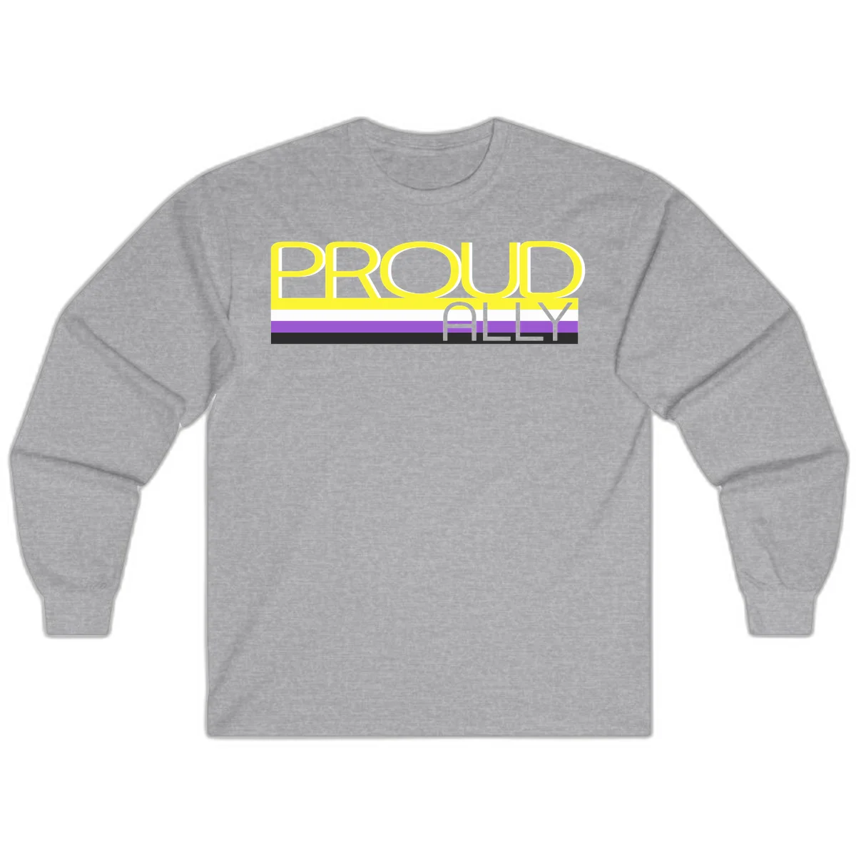 Bold yellow 'PROUD ALLY' text on striped background with purple and white pride flag colors in Sport Grey