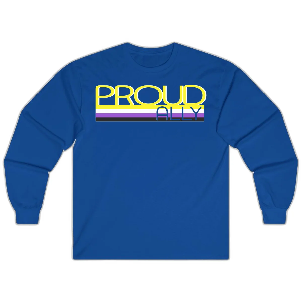 Bold yellow 'PROUD ALLY' text on striped background with purple and white pride flag colors in Royal