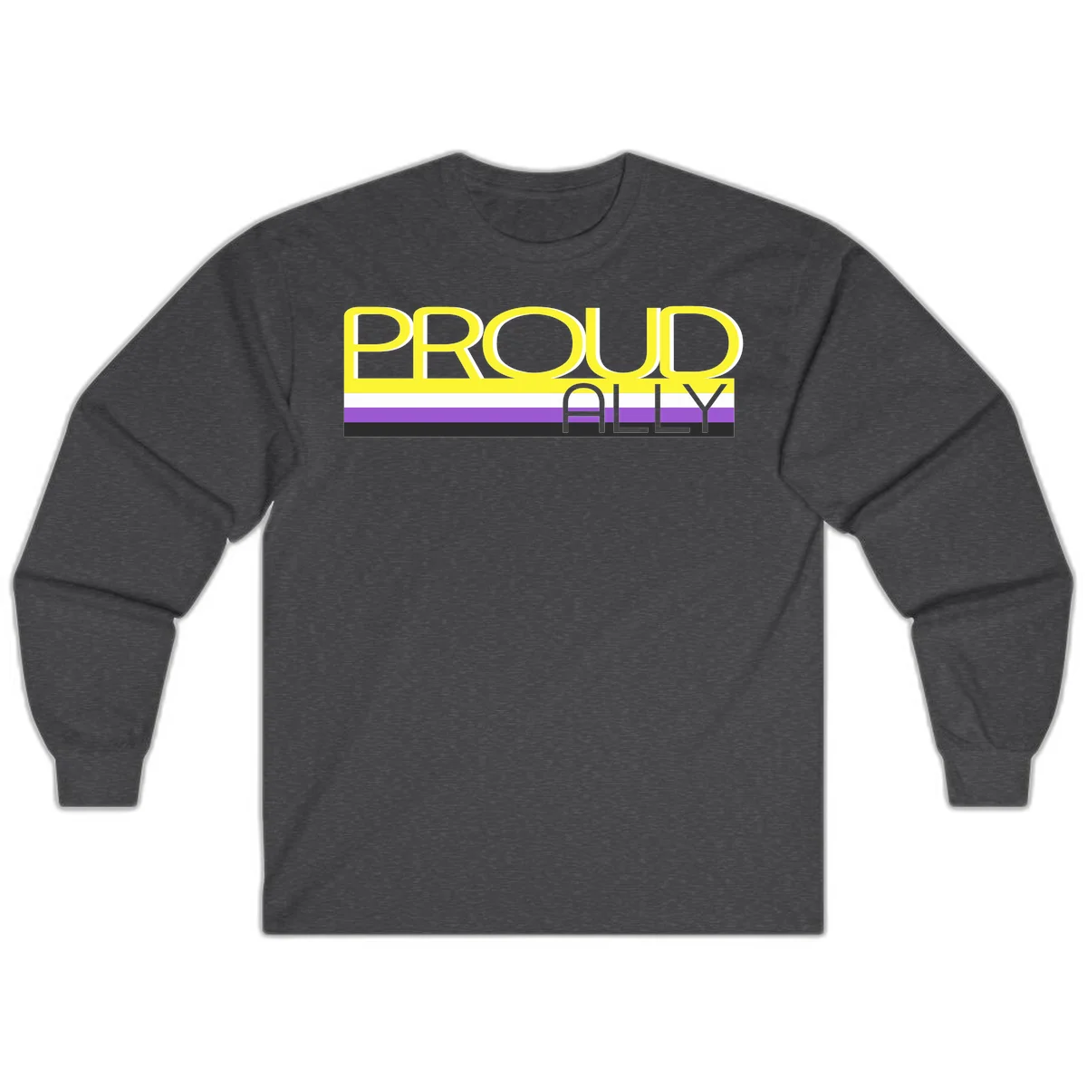Bold yellow 'PROUD ALLY' text on striped background with purple and white pride flag colors in Dark Heather
