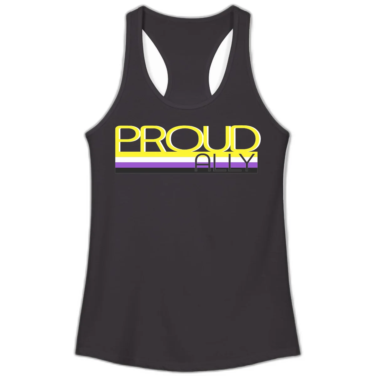 Bold yellow 'PROUD ALLY' text on striped background with purple and white pride flag colors in Black