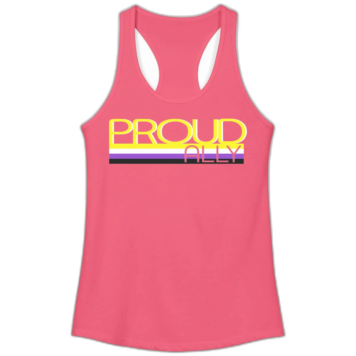 Bold yellow 'PROUD ALLY' text on striped background with purple and white pride flag colors in Hot Pink
