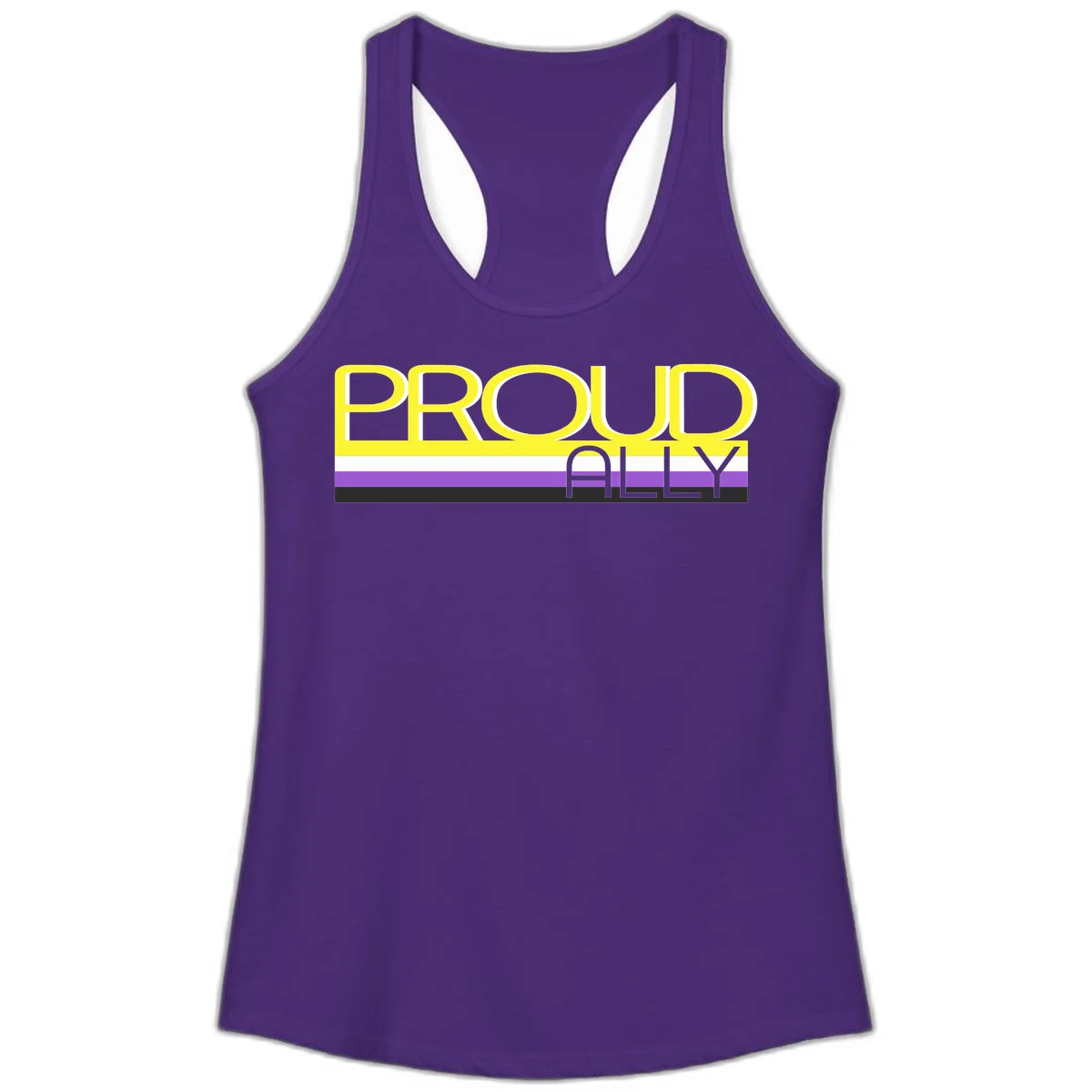 Bold yellow 'PROUD ALLY' text on striped background with purple and white pride flag colors in Solid Purple Rush