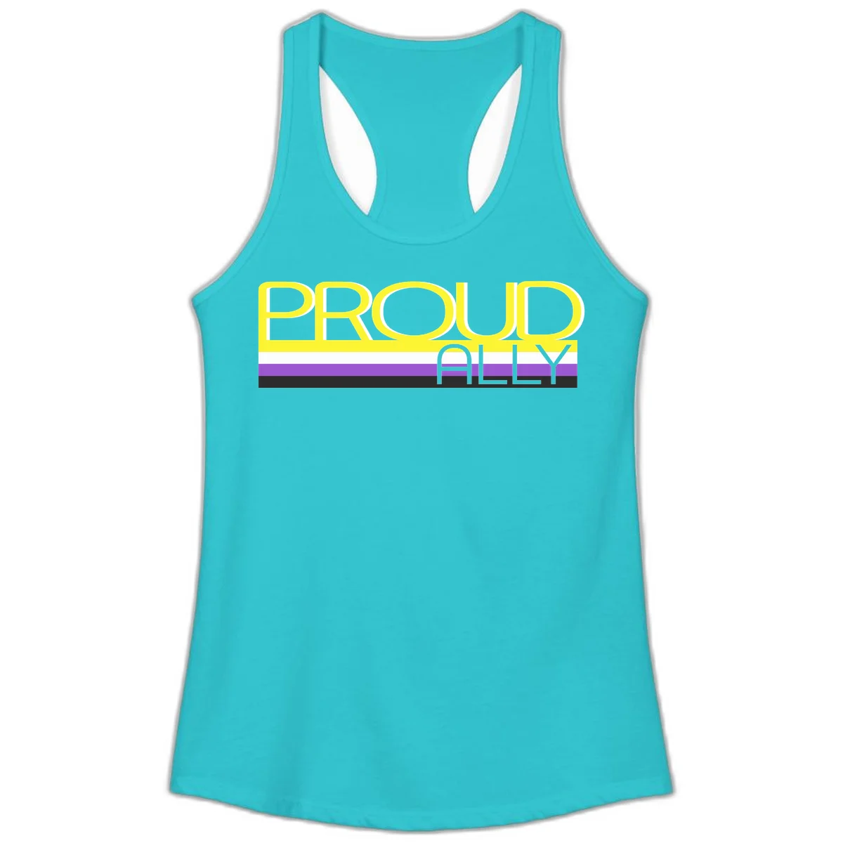 Bold yellow 'PROUD ALLY' text on striped background with purple and white pride flag colors in Solid Tahiti Blue