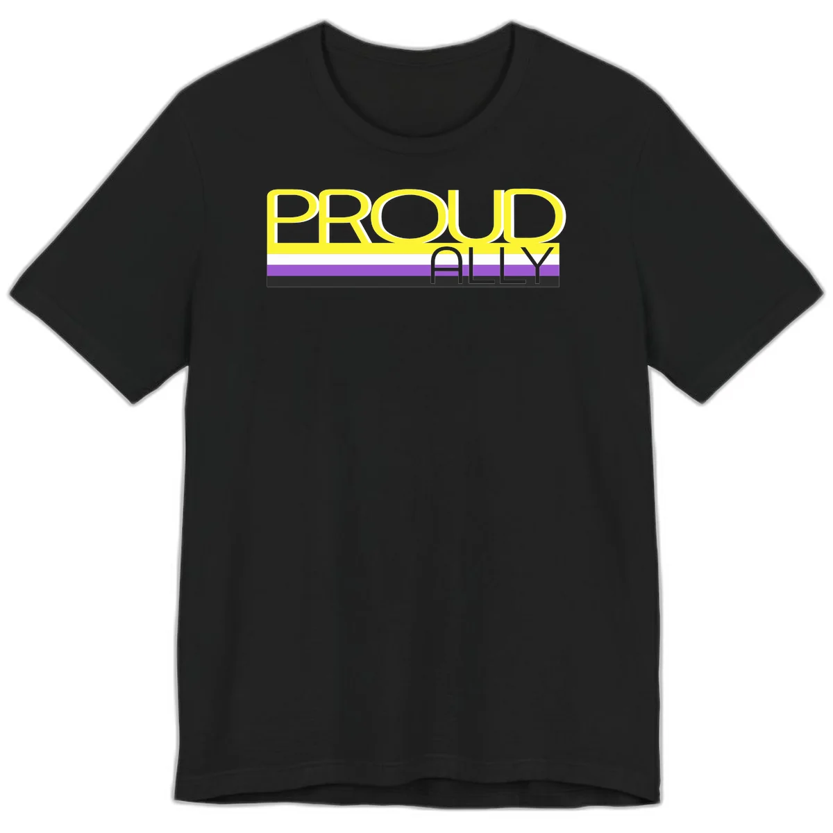 Bold yellow 'PROUD ALLY' text on striped background with purple and white pride flag colors in Black