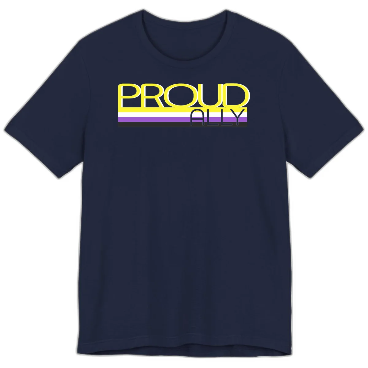 Bold yellow 'PROUD ALLY' text on striped background with purple and white pride flag colors in Navy