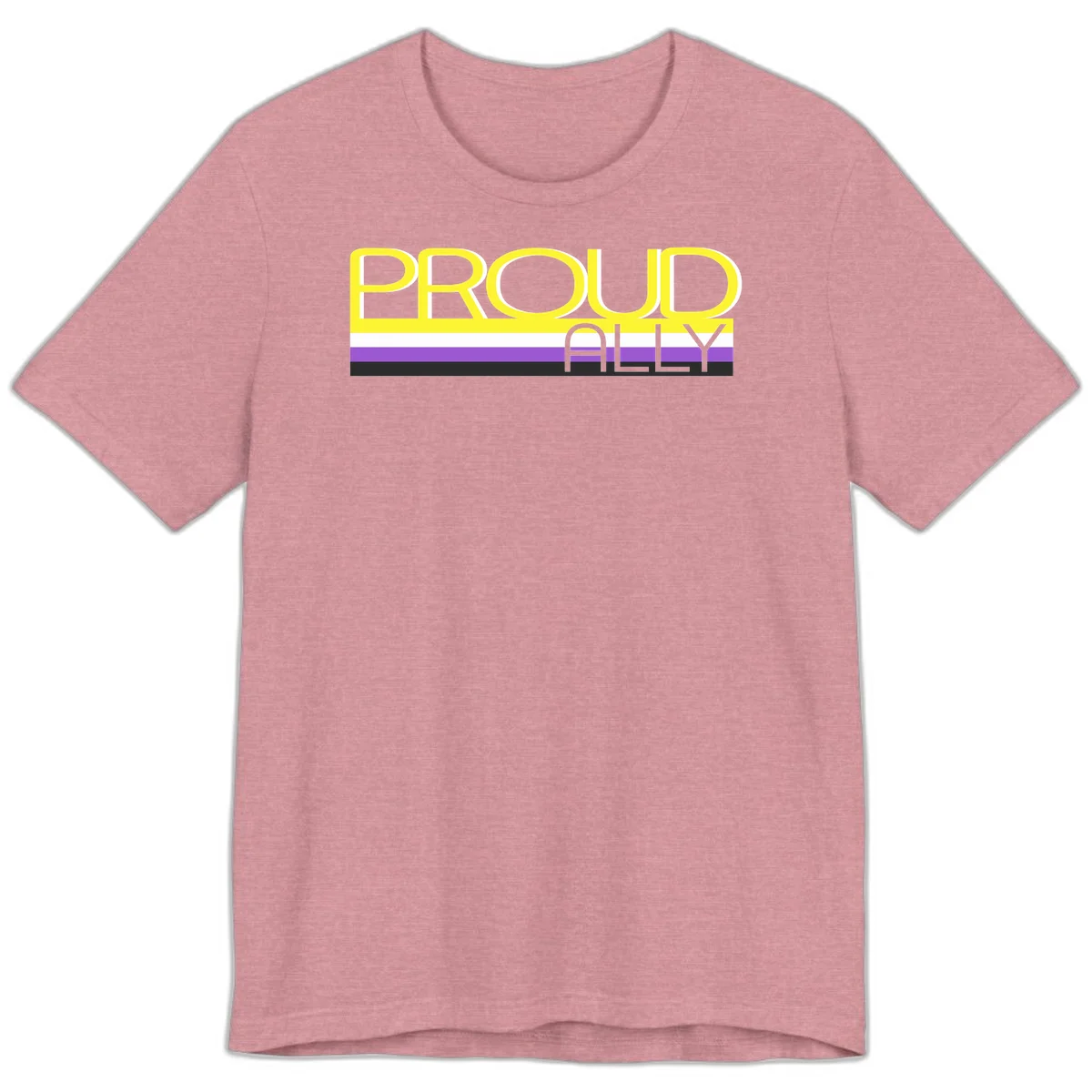 Bold yellow 'PROUD ALLY' text on striped background with purple and white pride flag colors in Heather Orchid