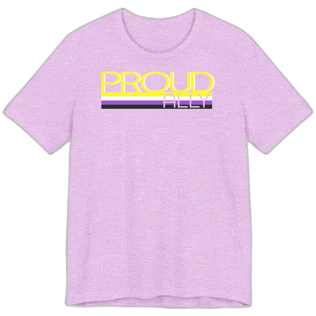Bold yellow 'PROUD ALLY' text on striped background with purple and white pride flag colors in Heather Prism Lilac