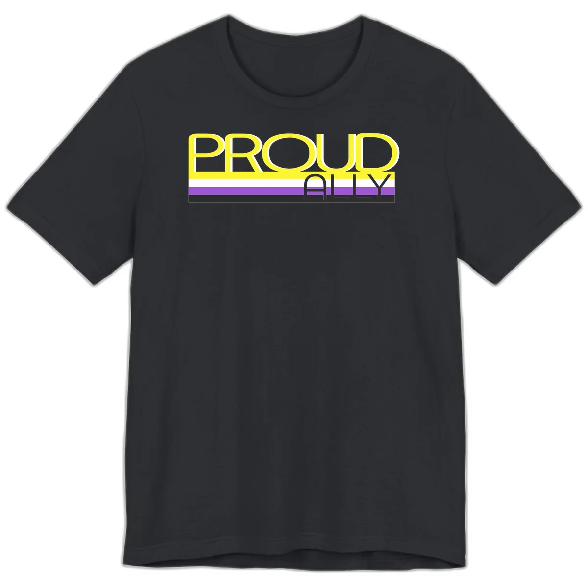 Bold yellow 'PROUD ALLY' text on striped background with purple and white pride flag colors in Vintage Black