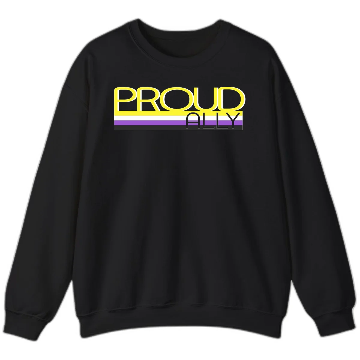 Bold yellow 'PROUD ALLY' text on striped background with purple and white pride flag colors in Black