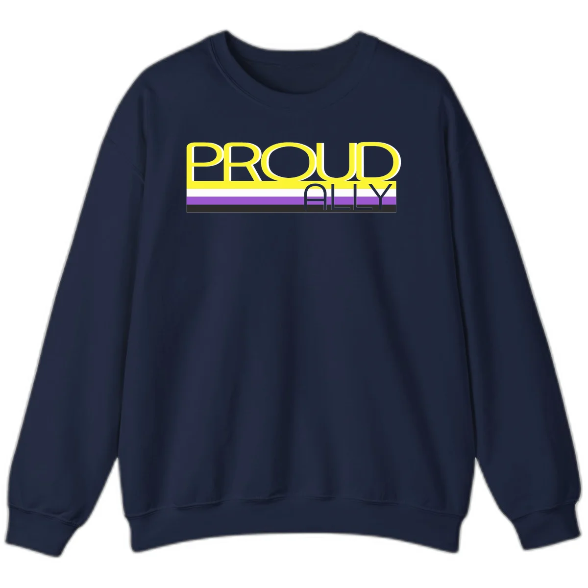 Bold yellow 'PROUD ALLY' text on striped background with purple and white pride flag colors in Navy