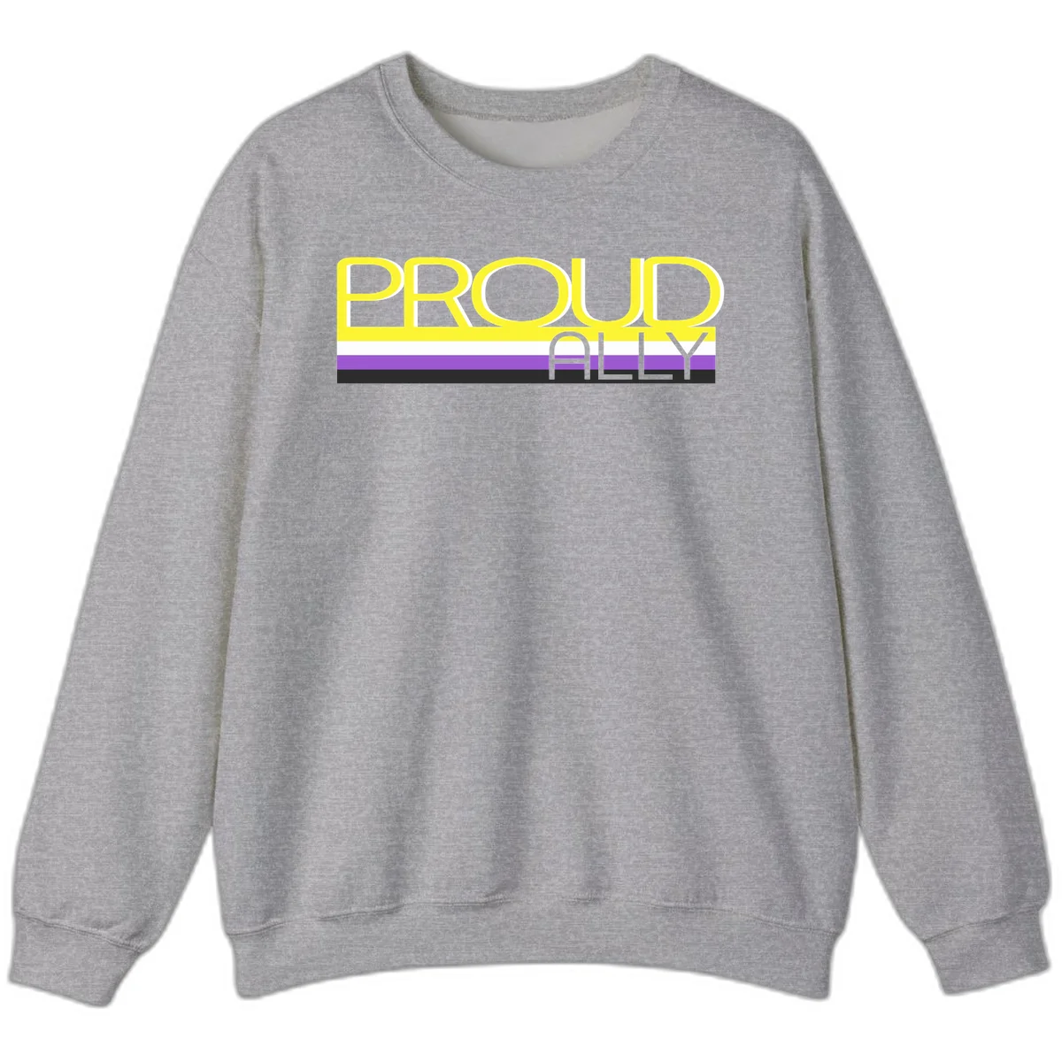 Bold yellow 'PROUD ALLY' text on striped background with purple and white pride flag colors in Sport Grey