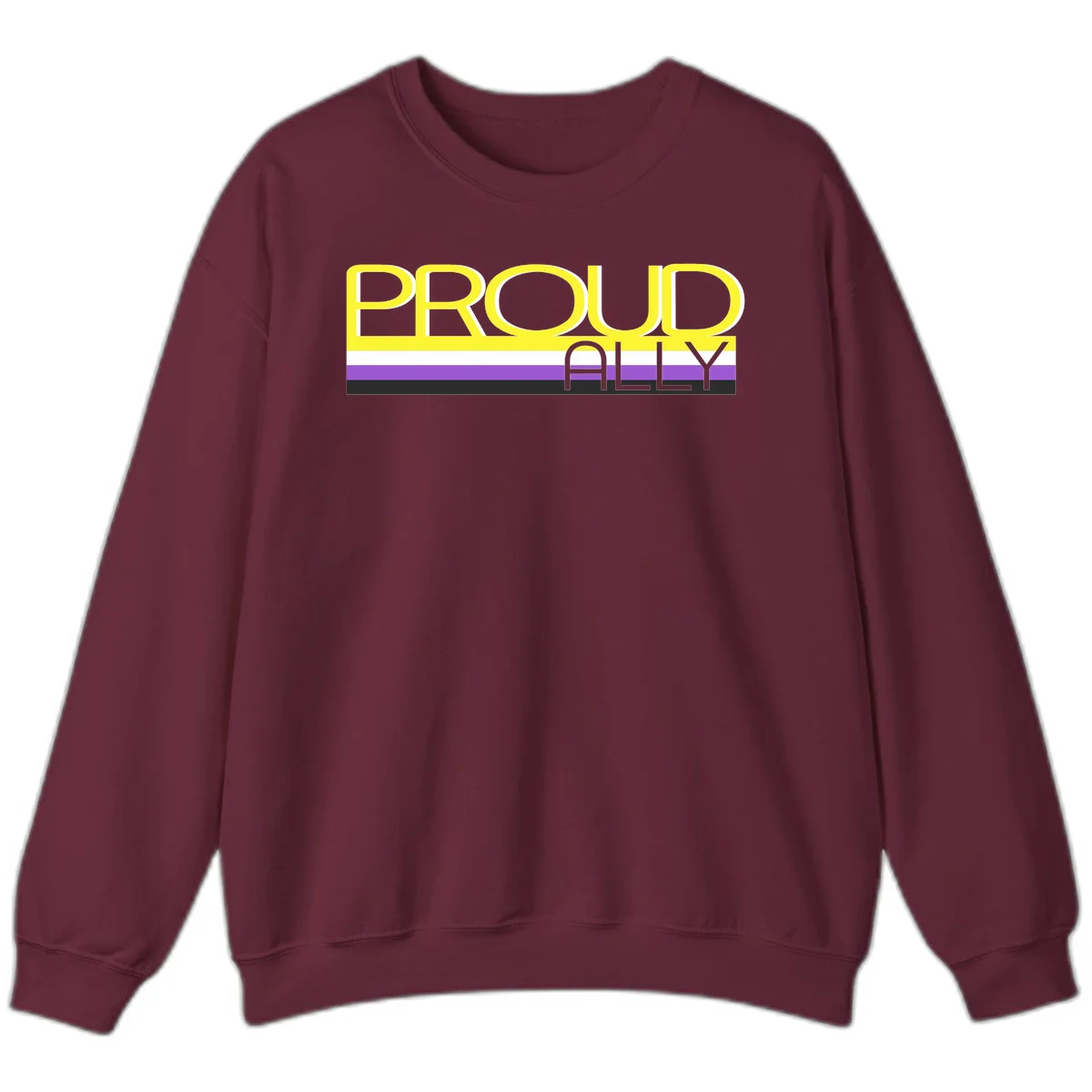 Bold yellow 'PROUD ALLY' text on striped background with purple and white pride flag colors in Maroon