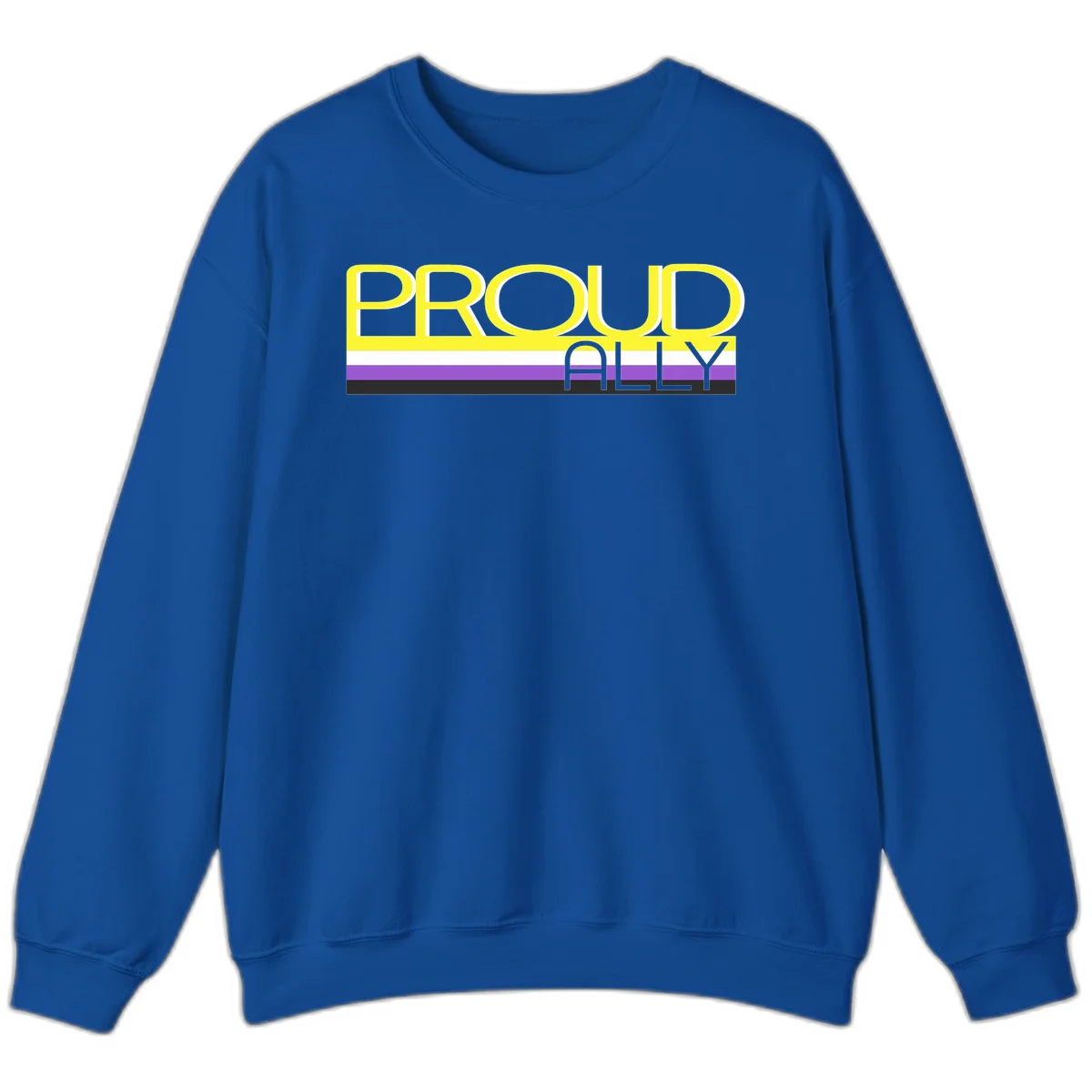 Bold yellow 'PROUD ALLY' text on striped background with purple and white pride flag colors in Royal