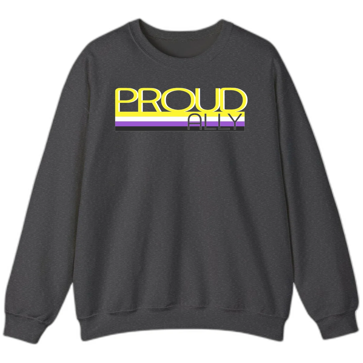 Bold yellow 'PROUD ALLY' text on striped background with purple and white pride flag colors in Dark Heather