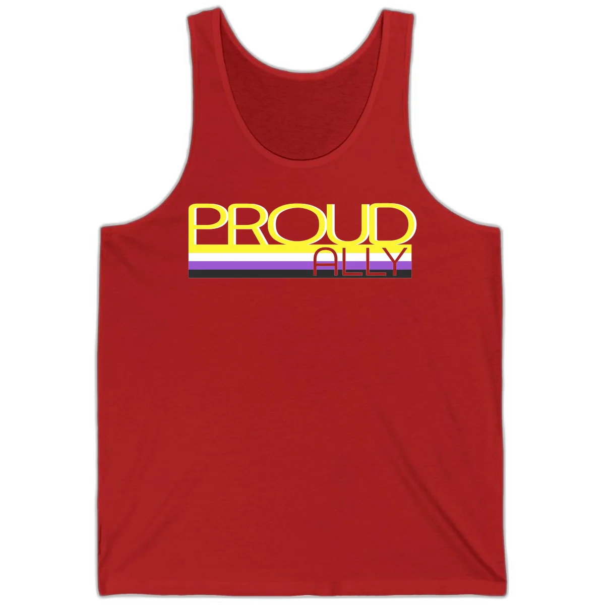 Bold yellow 'PROUD ALLY' text on striped background with purple and white pride flag colors in Red