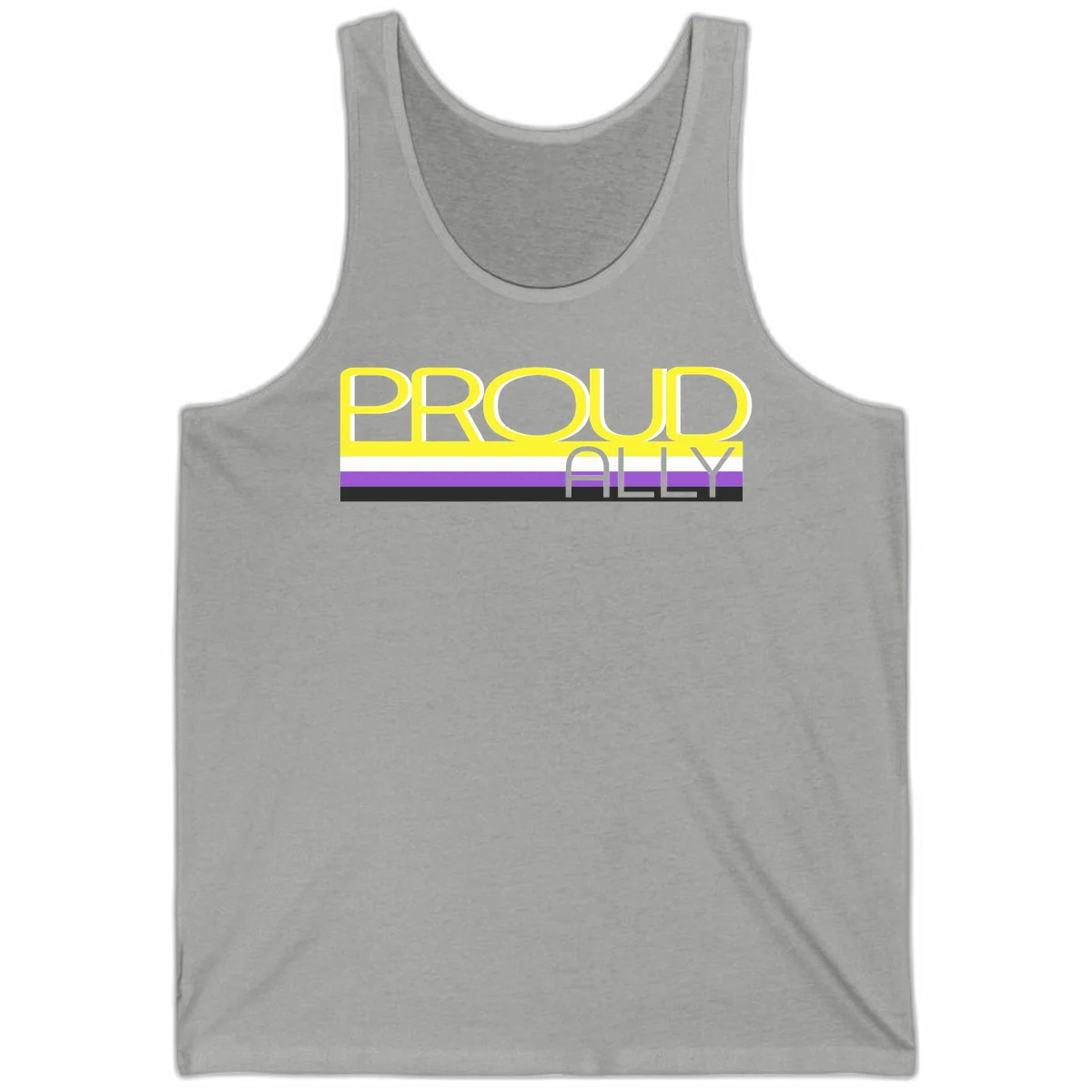 Bold yellow 'PROUD ALLY' text on striped background with purple and white pride flag colors in Athletic Heather