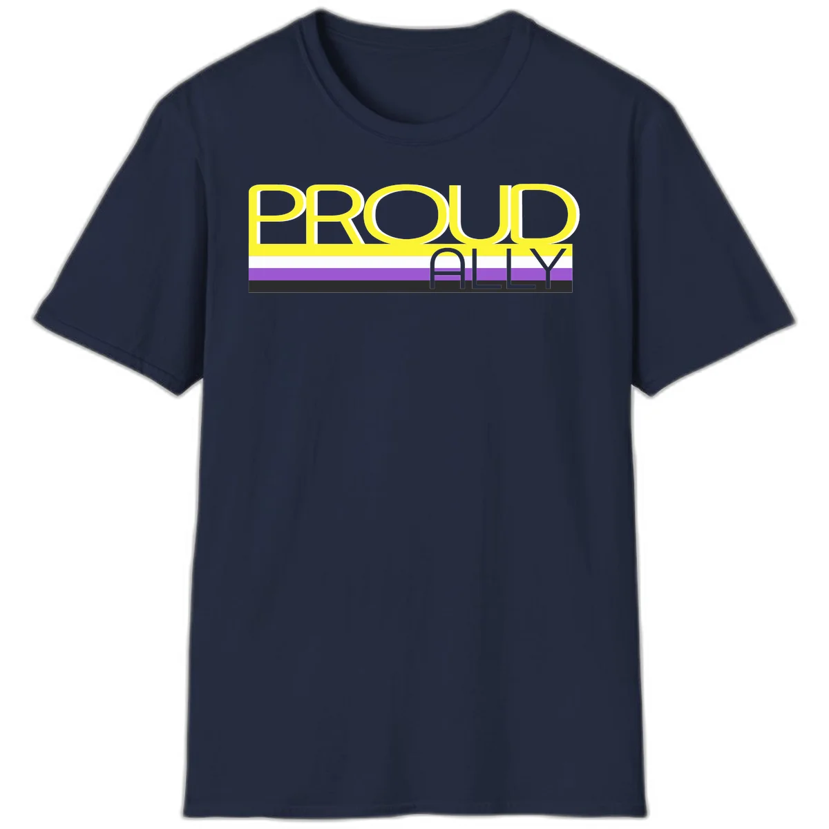 Bold yellow 'PROUD ALLY' text on striped background with purple and white pride flag colors in Navy