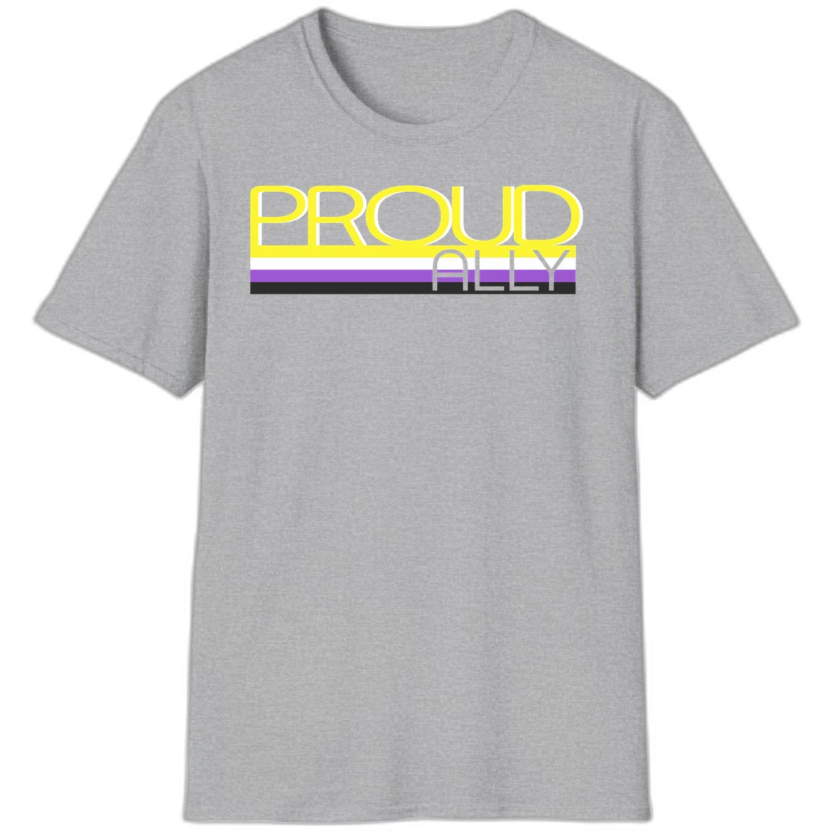 Bold yellow 'PROUD ALLY' text on striped background with purple and white pride flag colors in Sport Grey