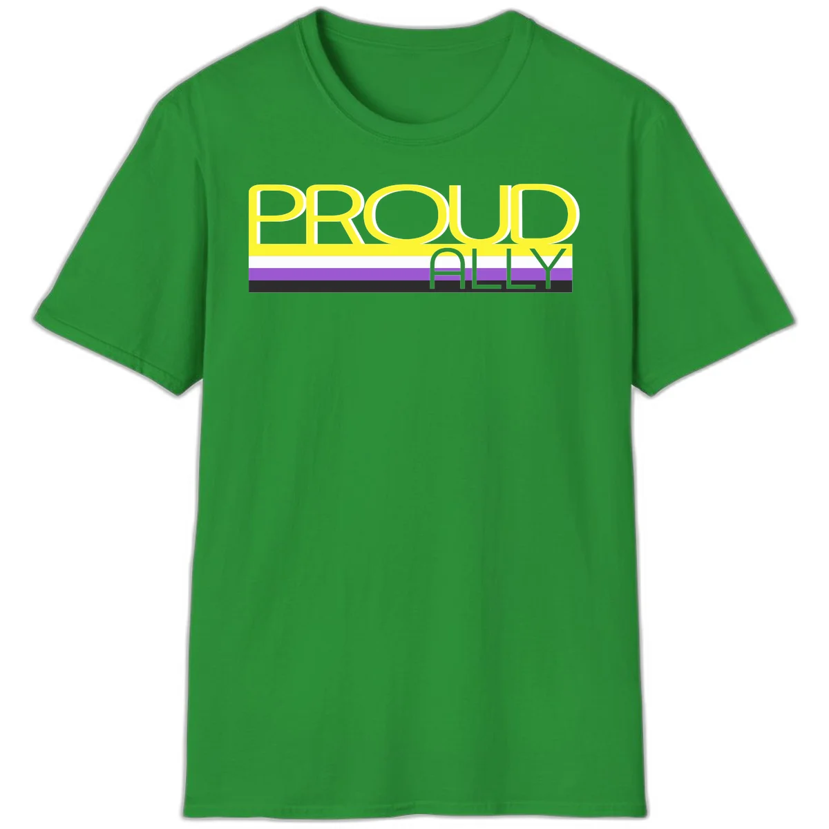 Bold yellow 'PROUD ALLY' text on striped background with purple and white pride flag colors in Irish Green