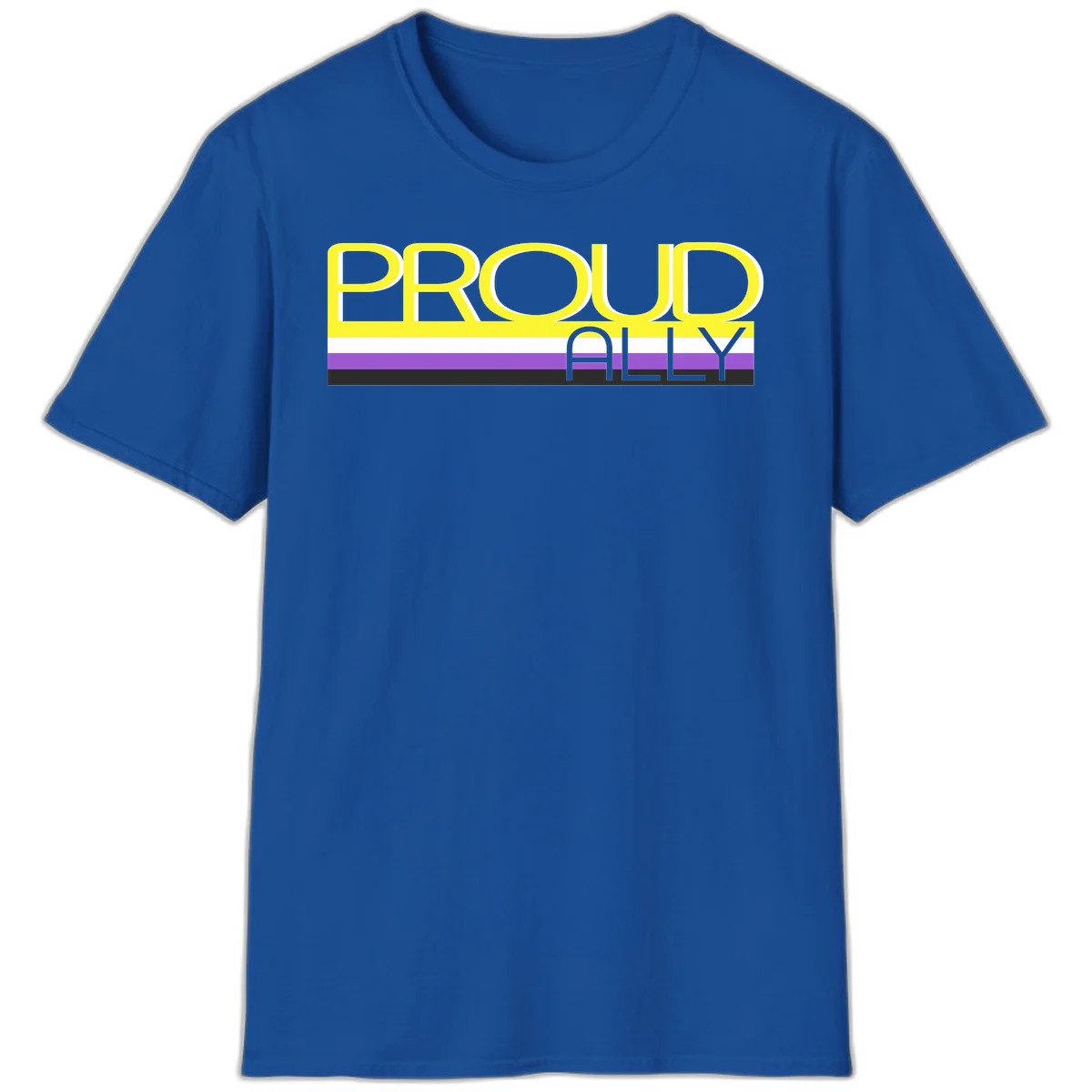 Bold yellow 'PROUD ALLY' text on striped background with purple and white pride flag colors in Royal