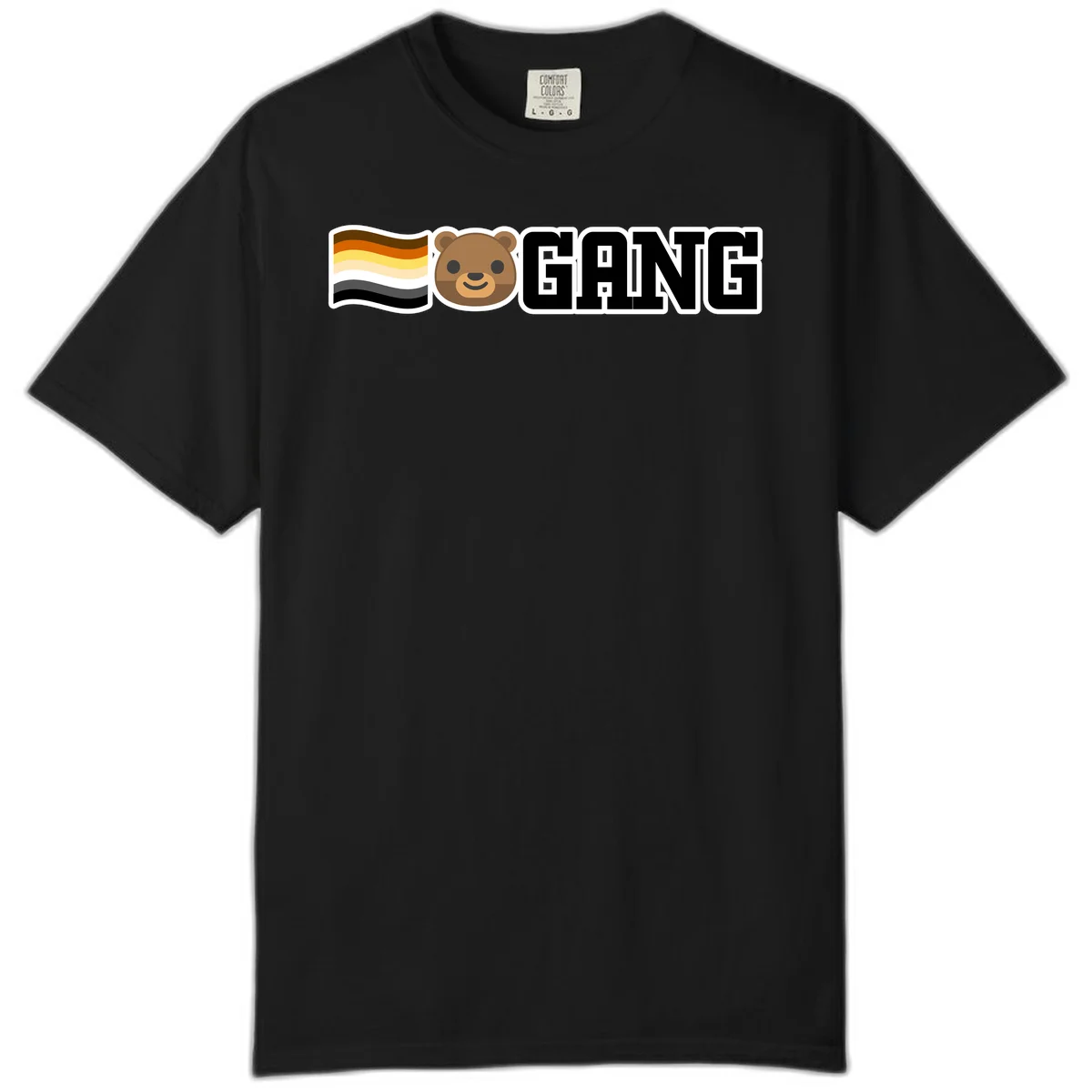 Bear gang pride design with smiling brown bear face, bear pride flag stripes, and bold 'GANG' text in Black